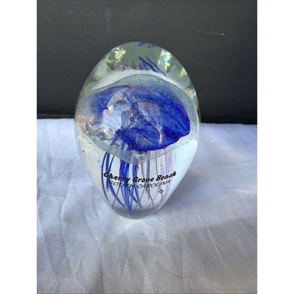 Unmarked Other - Paperweight Jelly Fish Hand Blown Art Clear Red And Blue 5" High 3"wide Bubbles